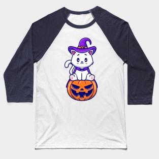 Cute Cat Witch Sitting On Pumpkin Cartoon Baseball T-Shirt